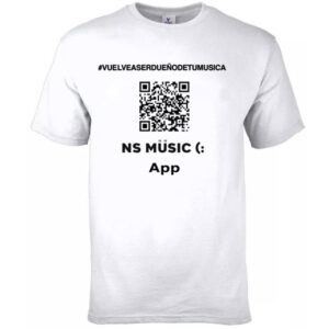 Playera "#VUELVEASERDUEÑODETUMUSICA", disponible en tallas Chica, Mediana, Grande y Grande, color blanco.